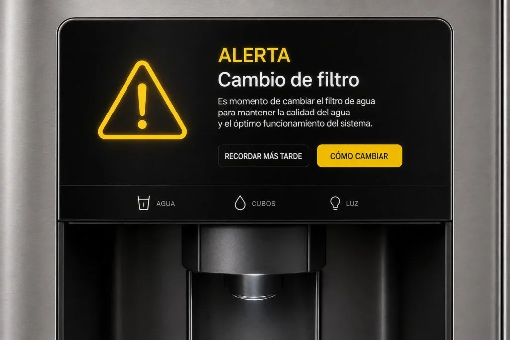 Alerta de cambio de filtro en el panel de la nevera Samsung