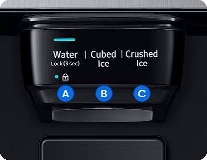 Panel del dispensador Samsung con botones de agua, hielo en cubos y hielo triturado
